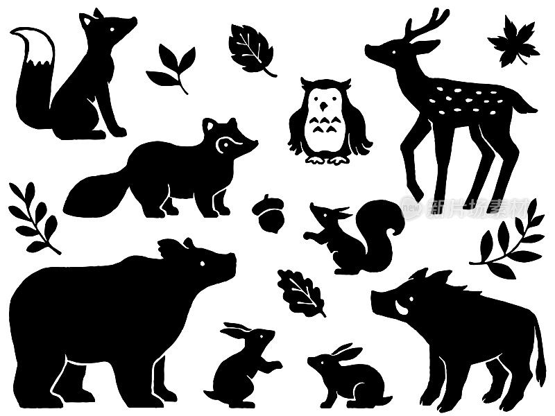 Forest animals hand drawn style silhouette illustration set